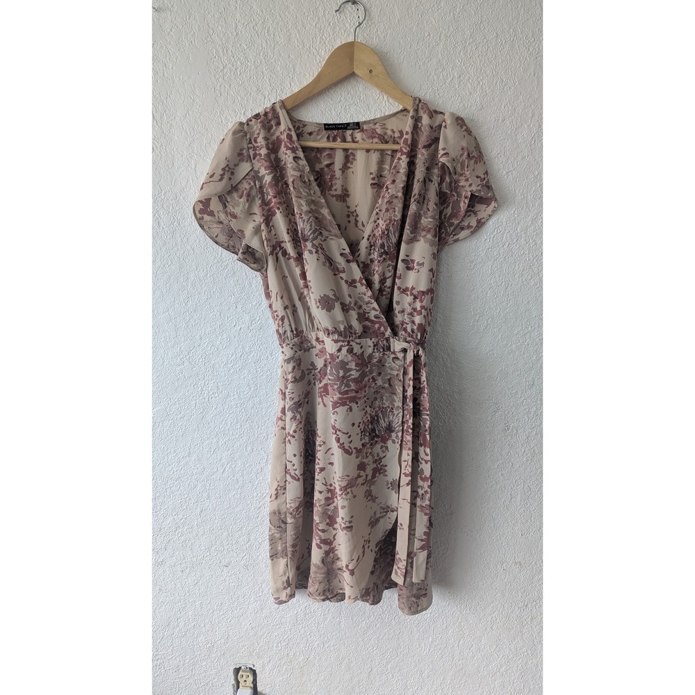 Black Tape Floral Print Faux‎ Wrap Dress Ruffle Sleeve Beige Brown Casual
